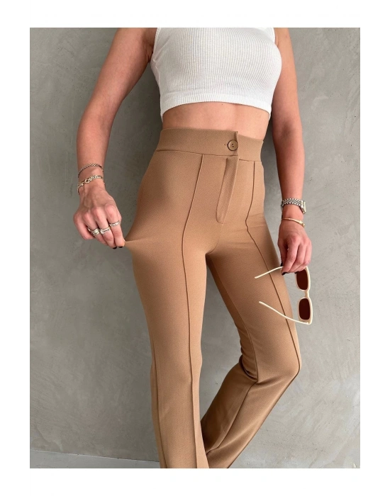 Kadın Açık Kahve  Beden Krep Kumaş Likralı Ön Çimalı İspanyol Paça Pantolon