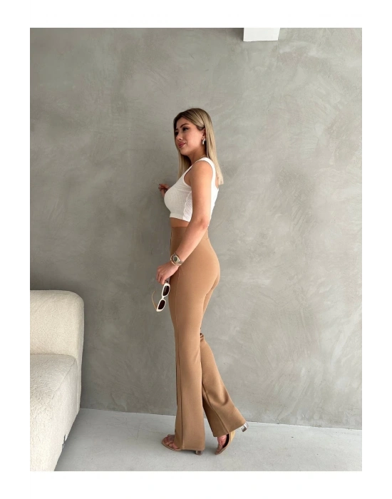 Kadın Açık Kahve  Beden Krep Kumaş Likralı Ön Çimalı İspanyol Paça Pantolon