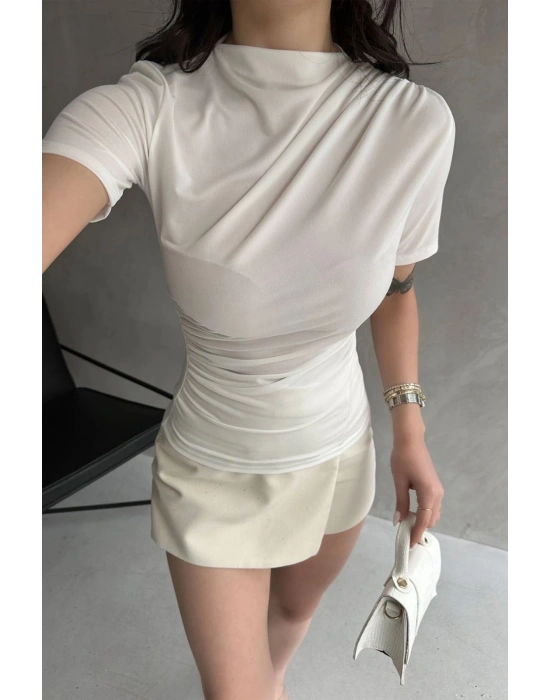 Beyaz Kısa Kol Drapeli Sandy Bluz