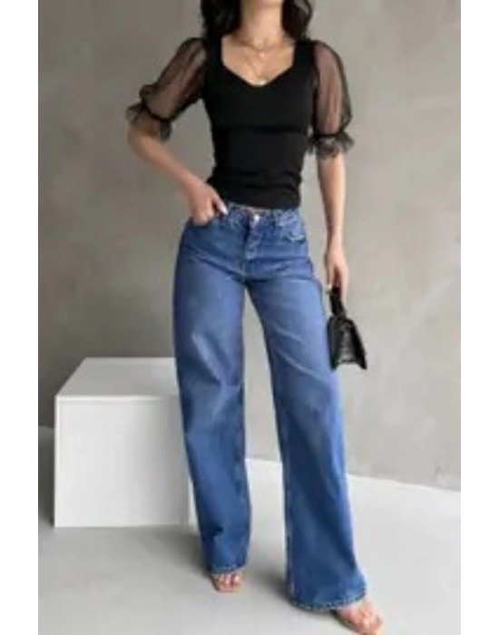 Kadın Siyah Prenses Kol Tül Detaylı Crep Bluz