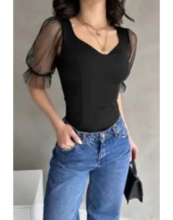 Kadın Siyah Prenses Kol Tül Detaylı Crep Bluz