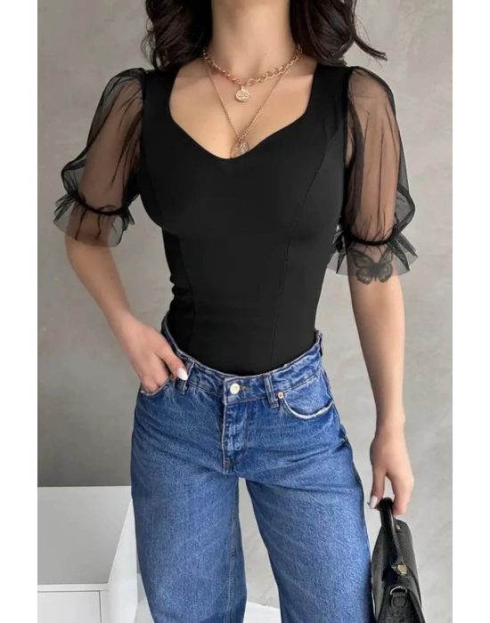 Kadın Siyah Prenses Kol Tül Detaylı Crep Bluz