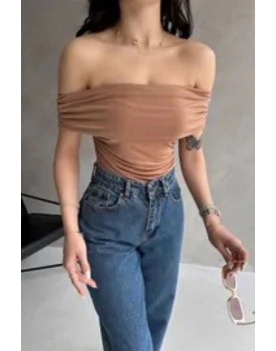 Kadın Kahverengi Madonna Yaka Likralı Buzzy Bluz