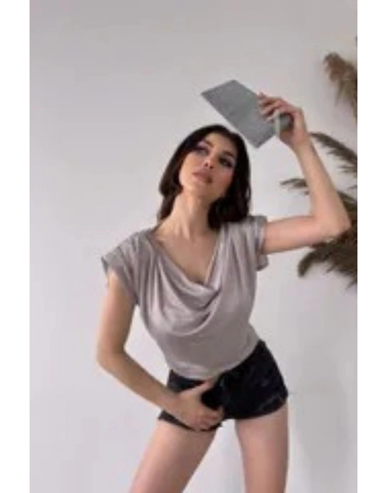 Kadın Gri Vatkalı Degaje Yaka Buzzy Bluz