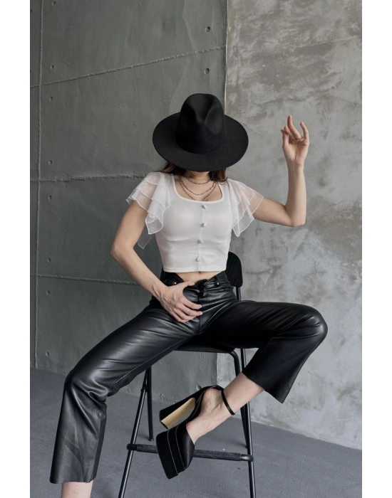 Kadın Beyaz Omuzu Tüllü Düğme Detaylı Crep Bluz