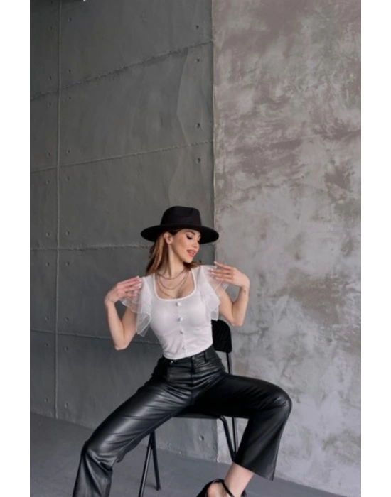 Kadın Beyaz Omuzu Tüllü Düğme Detaylı Crep Bluz