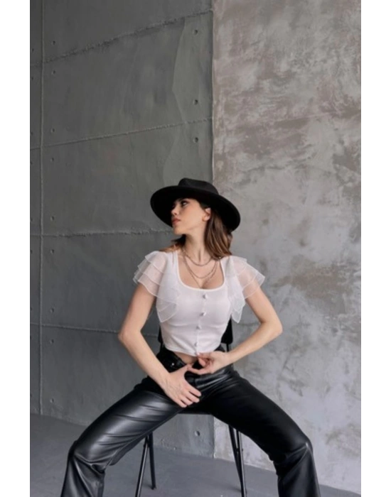 Kadın Beyaz Omuzu Tüllü Düğme Detaylı Crep Bluz