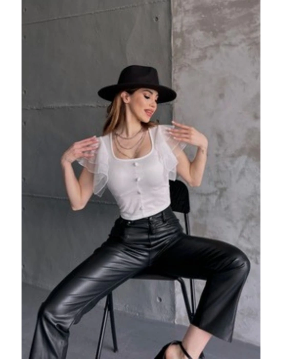 Kadın Beyaz Omuzu Tüllü Düğme Detaylı Crep Bluz