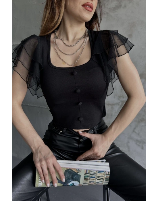 Kadın Siyah Omuzu Tüllü Düğme Detaylı Crep Bluz