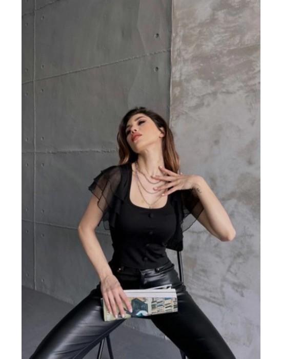 Kadın Siyah Omuzu Tüllü Düğme Detaylı Crep Bluz