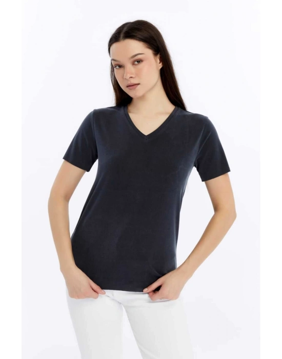 Kadın Lacivert V Yaka Cupra Modal Kumaş Kısa Kollu T-shırt