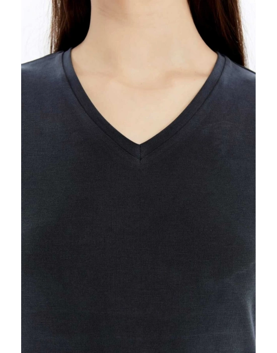 Kadın Lacivert V Yaka Cupra Modal Kumaş Kısa Kollu T-shırt