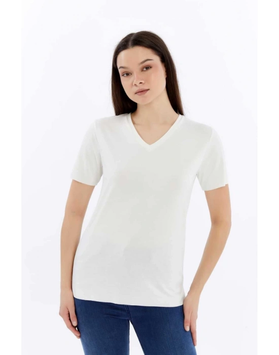 Kadın Beyaz V Yaka Cupra Modal Kumaş Kısa Kollu T-shırt