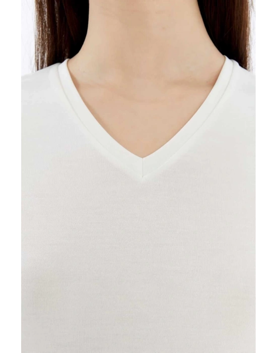 Kadın Beyaz V Yaka Cupra Modal Kumaş Kısa Kollu T-shırt