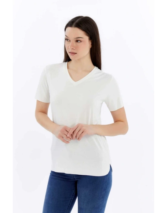Kadın Beyaz V Yaka Cupra Modal Kumaş Kısa Kollu T-shırt
