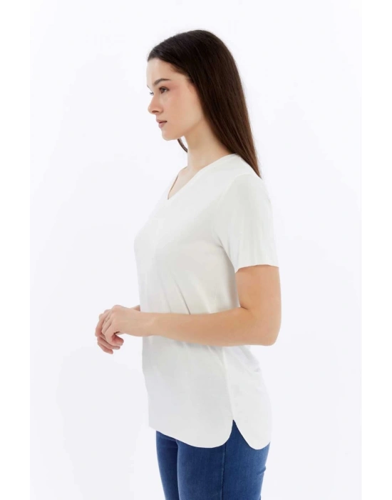 Kadın Beyaz V Yaka Cupra Modal Kumaş Kısa Kollu T-shırt