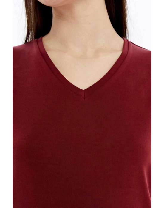 Kadın Bordo V Yaka Cupra Modal Kumaş Kısa Kollu T-shırt