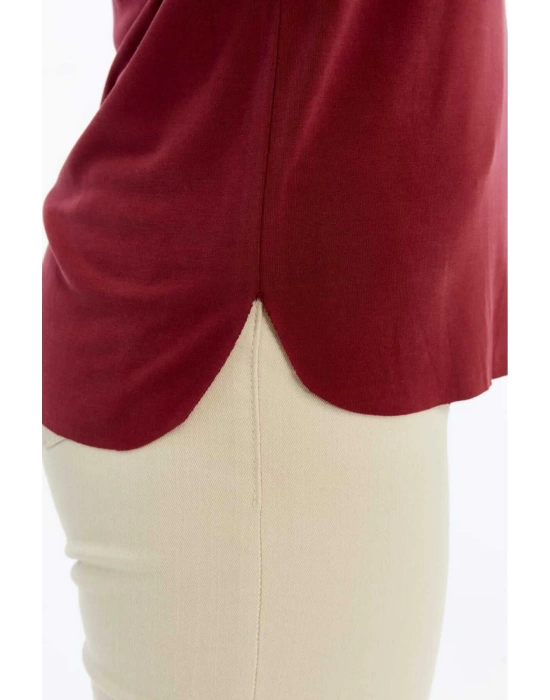 Kadın Bordo V Yaka Cupra Modal Kumaş Kısa Kollu T-shırt