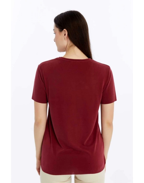 Kadın Bordo V Yaka Cupra Modal Kumaş Kısa Kollu T-shırt
