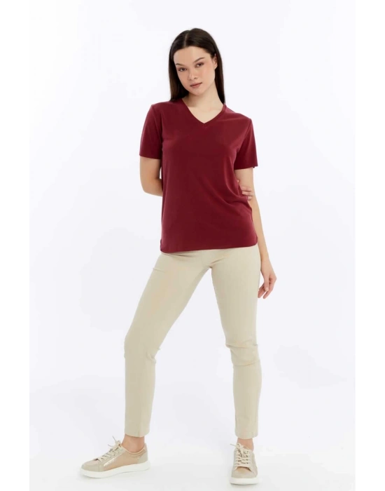 Kadın Bordo V Yaka Cupra Modal Kumaş Kısa Kollu T-shırt
