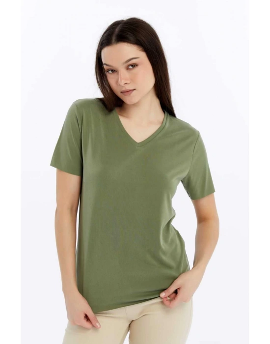 Kadın Yeşil V Yaka Cupra Modal Kumaş Kısa Kollu T-shırt