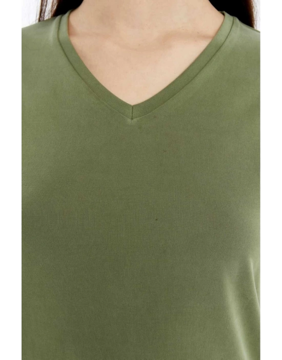 Kadın Yeşil V Yaka Cupra Modal Kumaş Kısa Kollu T-shırt