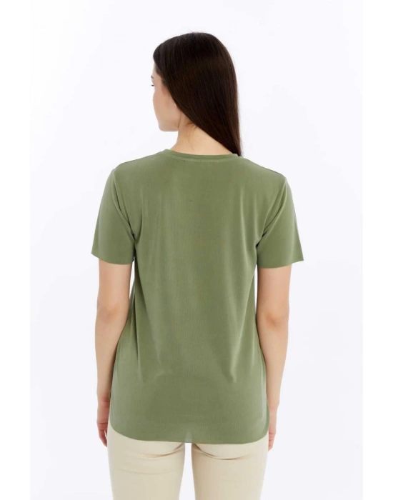 Kadın Yeşil V Yaka Cupra Modal Kumaş Kısa Kollu T-shırt