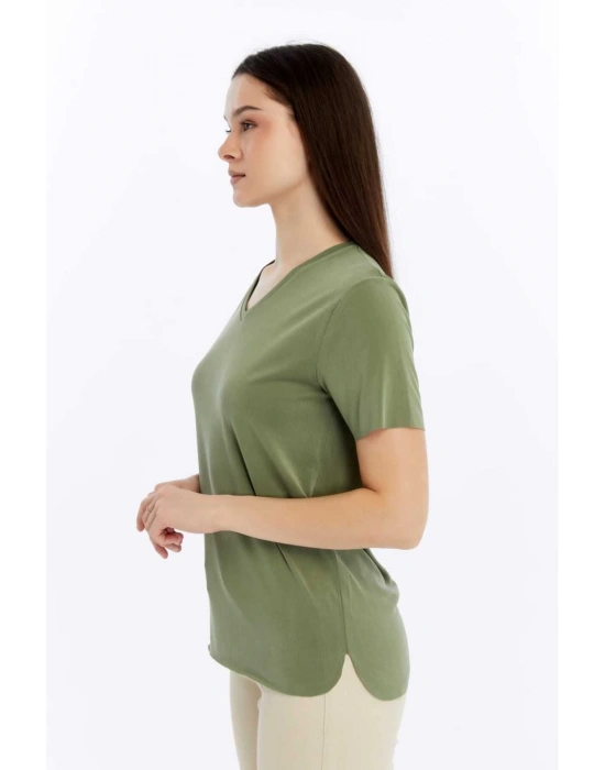 Kadın Yeşil V Yaka Cupra Modal Kumaş Kısa Kollu T-shırt