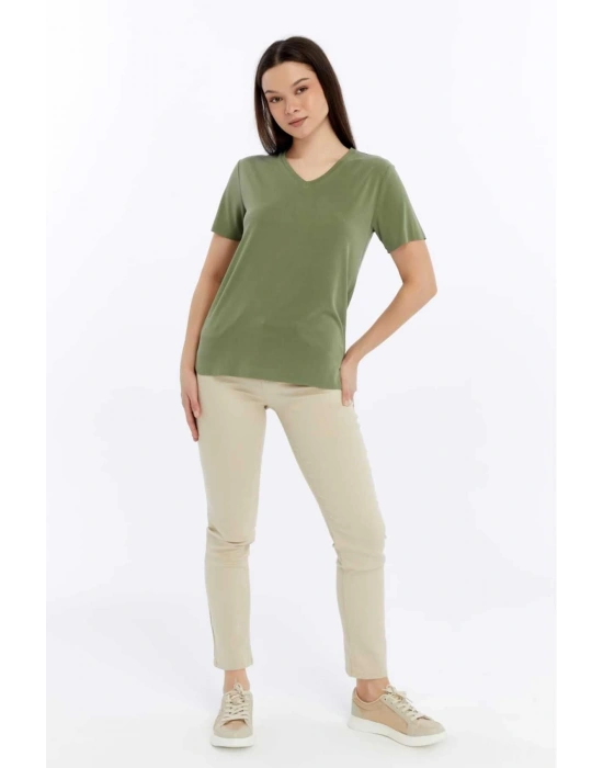 Kadın Yeşil V Yaka Cupra Modal Kumaş Kısa Kollu T-shırt