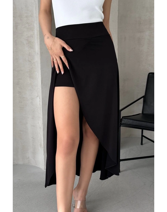 Kadın Siyah Yüksek Bel Midi Boy Yanı Yırtmaçlı İçi Şortlu Sandy Kumaş Etek