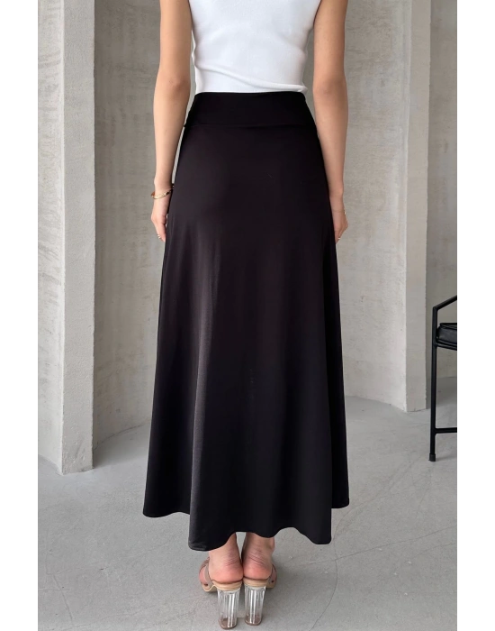 Kadın Siyah Yüksek Bel Midi Boy Yanı Yırtmaçlı İçi Şortlu Sandy Kumaş Etek