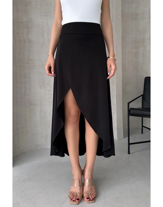 Kadın Siyah Yüksek Bel Midi Boy Yanı Yırtmaçlı İçi Şortlu Sandy Kumaş Etek