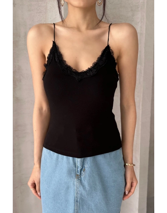 Kadın Siyah Gloplu İp Askılı Büstiyer Sütyenli Crop Atlet