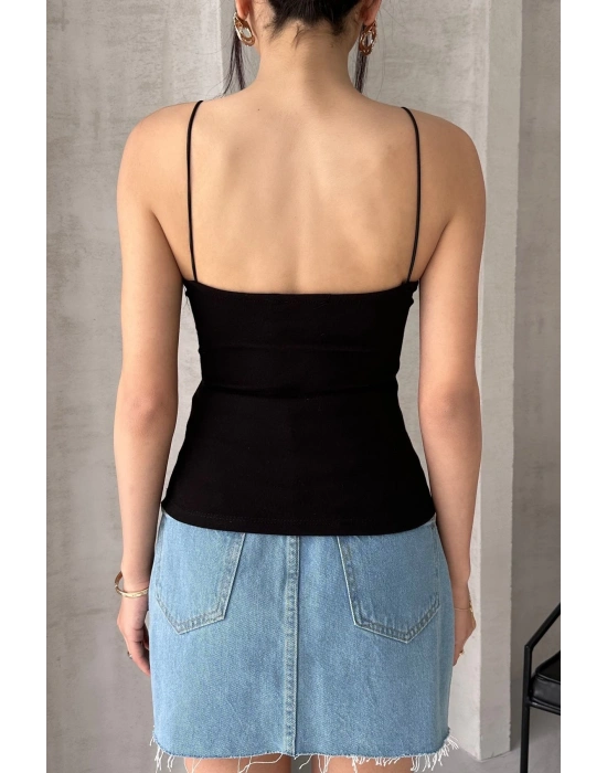 Kadın Siyah Gloplu İp Askılı Büstiyer Sütyenli Crop Atlet