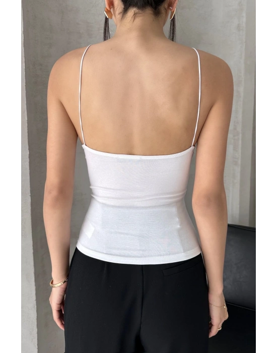 Kadın Beyaz Gloplu İp Askılı Büstiyer Sütyenli Crop Atlet