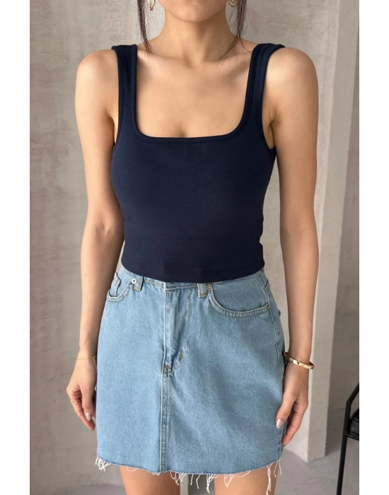 Kadın Lacivert Askılı Gloplu Südyenli Crop Atlet