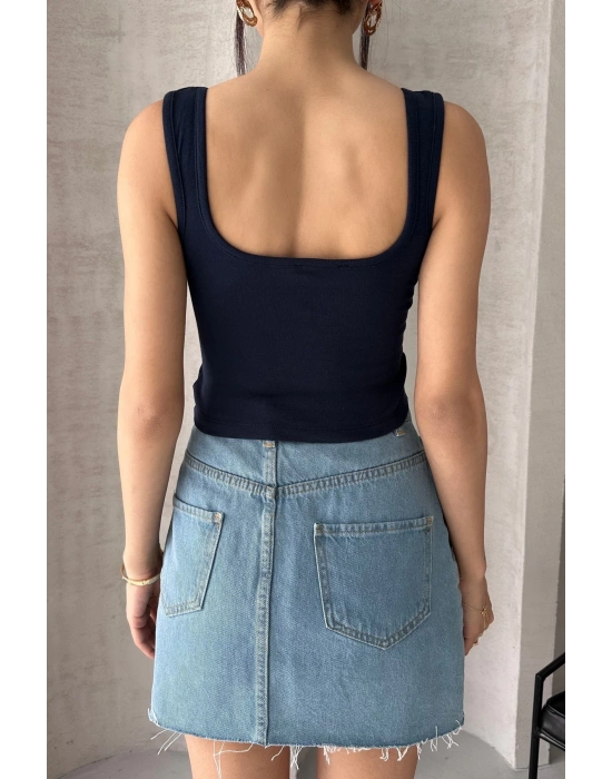Kadın Lacivert Askılı Gloplu Südyenli Crop Atlet