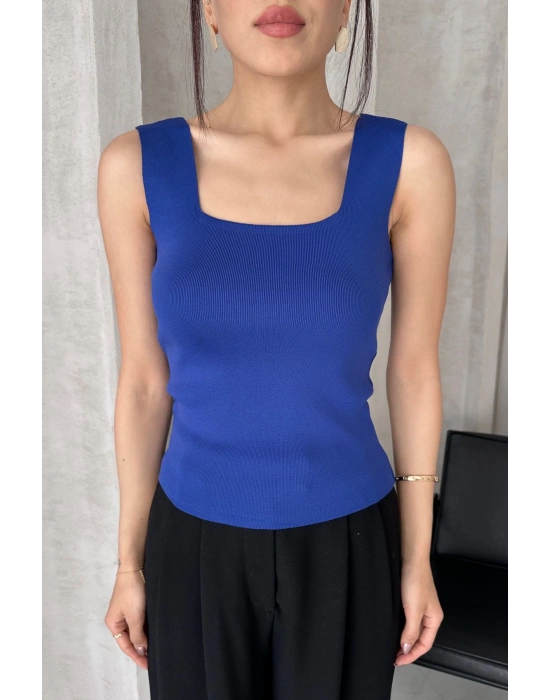 Kadın Sax Mavi Kare Yaka Kalın Askılı Triko Bluz