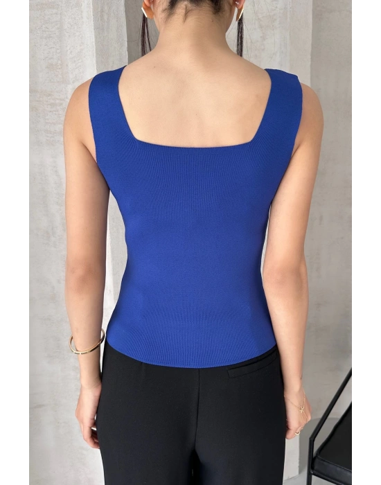 Kadın Sax Mavi Kare Yaka Kalın Askılı Triko Bluz