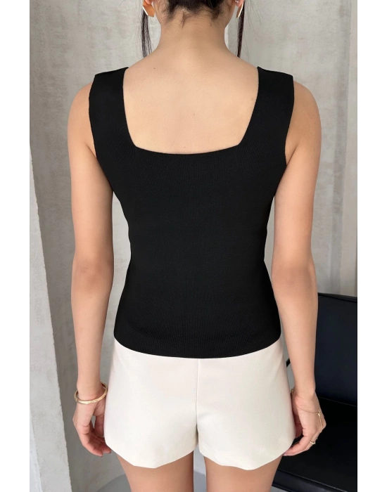 Kadın Siyah Kare Yaka Kalın Askılı Triko Bluz