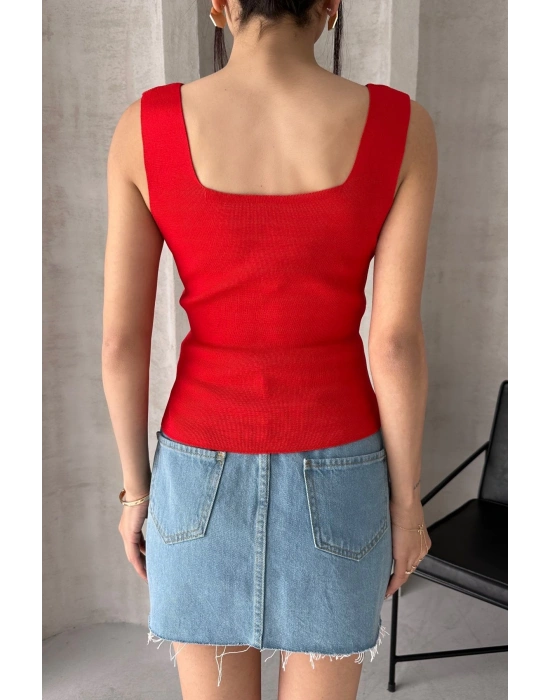 Kadın Kırmızı Kare Yaka Kalın Askılı Triko Bluz