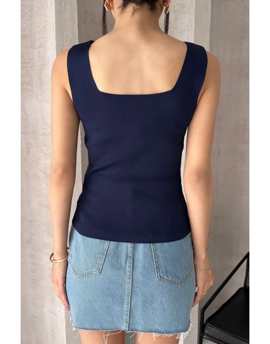 Kadın Lacivert Kare Yaka Kalın Askılı Triko Bluz