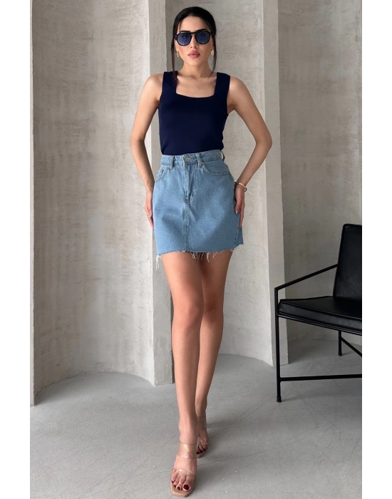 Kadın Lacivert Kare Yaka Kalın Askılı Triko Bluz