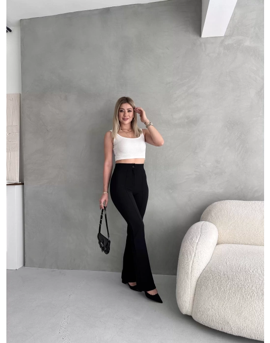 Kadın Siyah Büyük Beden Krep Kumaş Likralı Ön Çimalı İspanyol Paça Pantolon