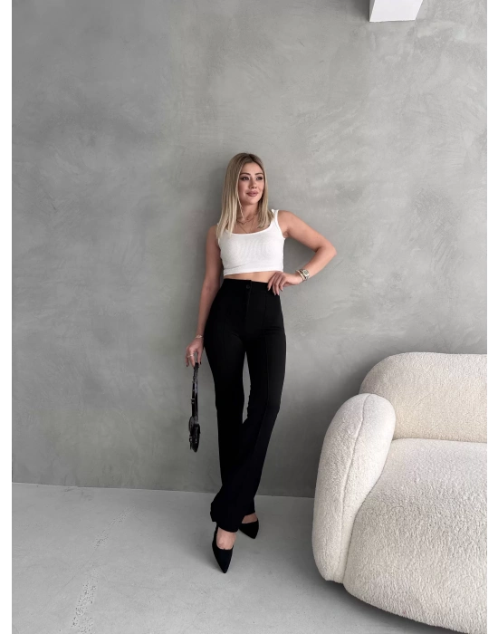 Kadın Siyah Büyük Beden Krep Kumaş Likralı Ön Çimalı İspanyol Paça Pantolon