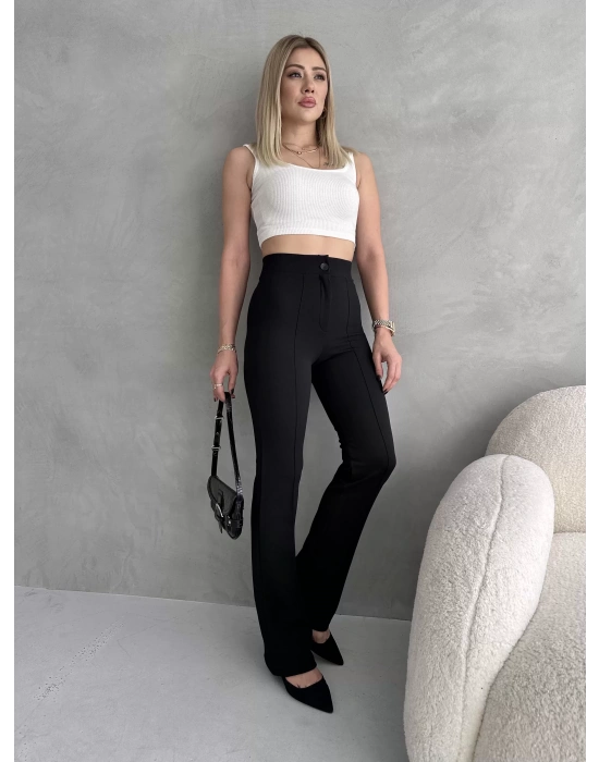 Kadın Siyah Büyük Beden Krep Kumaş Likralı Ön Çimalı İspanyol Paça Pantolon