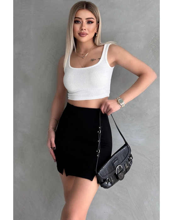 Siyah Beli Lastikli Yırtmaçlı İnterlok Mini Etek