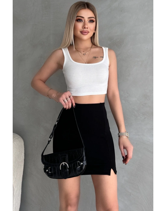 Siyah Beli Lastikli Yırtmaçlı İnterlok Mini Etek