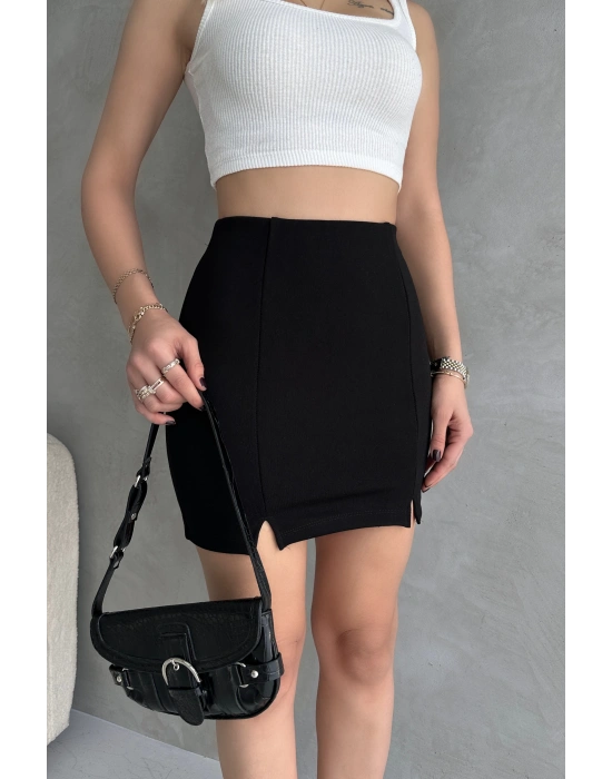 Siyah Beli Lastikli Yırtmaçlı İnterlok Mini Etek