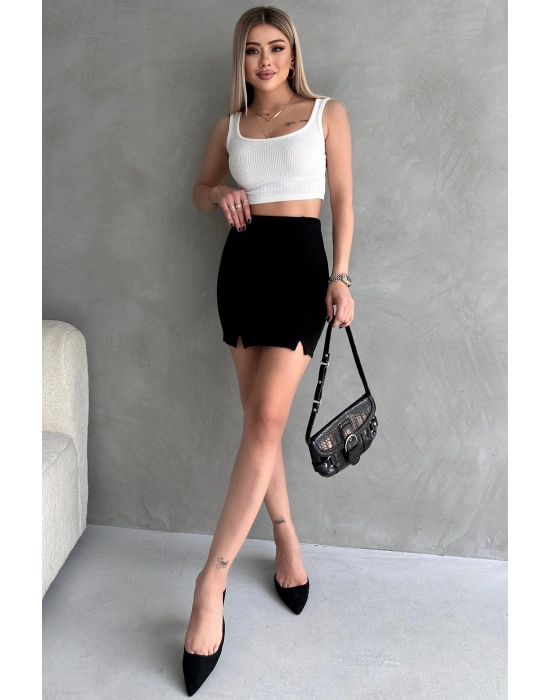 Siyah Beli Lastikli Yırtmaçlı İnterlok Mini Etek